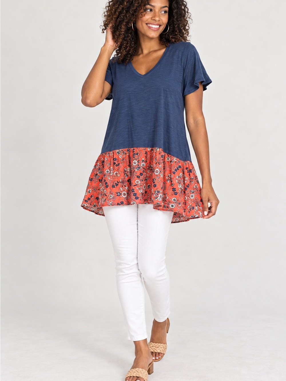 46. Liza Byrd Navy V-Neck Tunic with Coral Floral Ruffle
